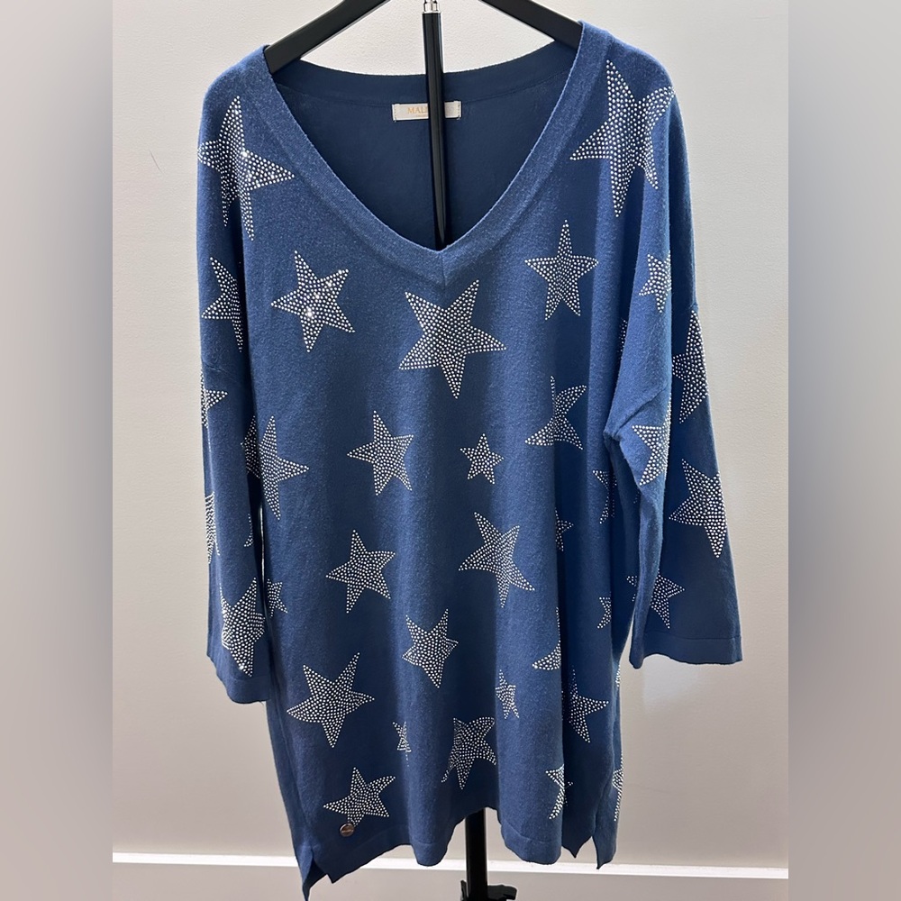 Malissa J. Rhinestone Star Knit V-Neck Sweater Dress/Tunic